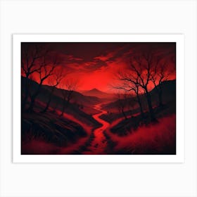 A Winding River Flows Through A Desolate Landscape With Bare Trees And A Red Colored Sky Art Print