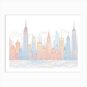 An Abstract Image Of A City Skyline In Shades Of Blue, Orange, And Pink Art Print