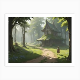 A Young Girl Stands On A Path Leading To A Mysterious, Overgrown House In A Forest Art Print