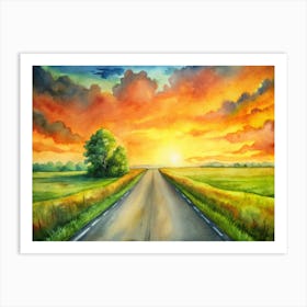 A Road Extending Endlessly Under A Vibrant Orange Art Print