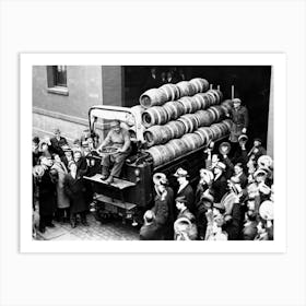 Prohibition, Beer Barrels on Truck, Bar Cart Decor, Vintage Black and White Old Photo Art Print