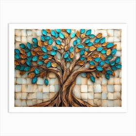 Fantasy Themed 3d On Wooden Oak with White Lattice Tiles, Tree with Kaleidoscopic Art Print