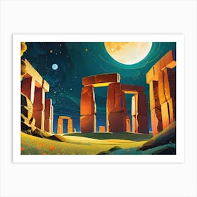 Moons At Stonehenge ~ Ancient Twist Standing Stones Lunar Gazing England Druid Futuristic Sci-Fi Trippy Surrealism Modern Digital Mandala Awakening Fractals Spiritual Artwork Psychedelic Colorful Cubic Abstract Universe Pagan Art Print