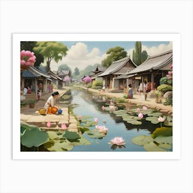 Asian Village paintings art print Art Print