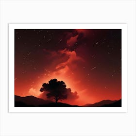 Silhouette Of A Solitary Tree On A Hill Against A Dramatic, Red Night Sky With Shooting Stars, Evoking A Sense Of Mystery, Awe, And The Vastness Of The Universe Art Print