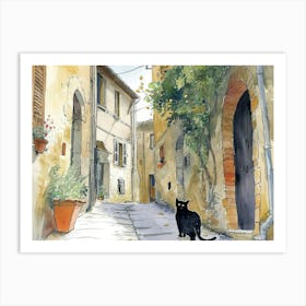 Black Cat In Ascoli Piceno, Italy, Street Art Watercolour Painting 4 Art Print