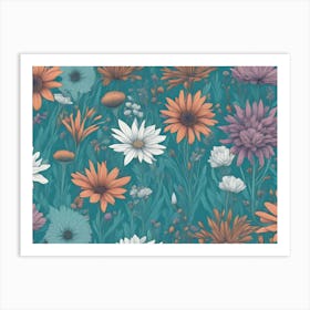 Floral Blue And Orange Art Print