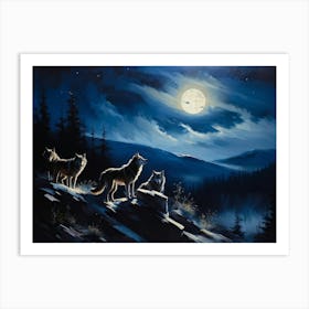 A Pack Of Wolves Silhouetted Under A Full Moon Their Howls Amalgamating With The Wailing Wind Amid Art Print