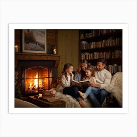 Cozy Room Interior In A Norman Rockwell Painting Style Family Of Four Engaged In A Shared Reading M (4) Art Print