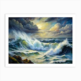 Ocean Waves Crashing On Rocks In A Dramatic Painting Art Print