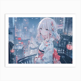 Silver hair kimono girl in Japanese city Art Print