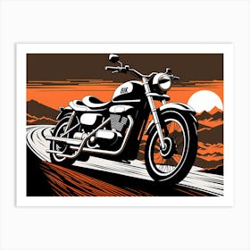 Motorcycle At Sunset, vintage bike, classic bike, vector art, Art Print