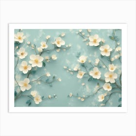 3d Floral Art With Flower Branches On Light Green Background Art Print