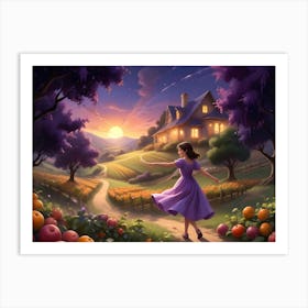 Woman Walking Toward A House On A Hillside With A Book Opening Behind Her 8 Art Print