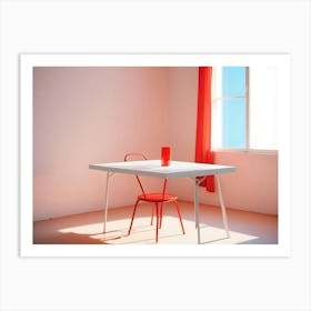 Photo Of A White Table With A Red Chair And A Red Vase In A White Room With A Red Curtain And A Window Art Print