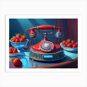 A Vintage Red Rotary Phone Sits On A Table, Surrounded By Bowls Of Strawberries Art Print