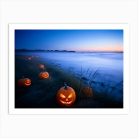 Jack O Lanterns With Eerie Glows Emanating A Soft Light Scattered Along A Desolate Shoreline Early (1) Art Print