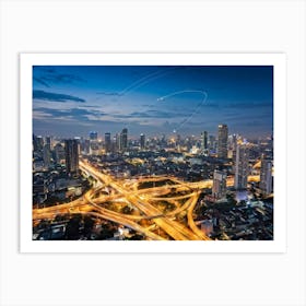 Aerial View Of Bangkok At Night Showcasing The Metropolitan District Interwoven With A Complex Tele (2) Art Print