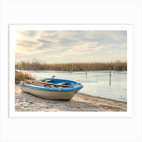 Blue Rowing Boat On The Shore Art Print