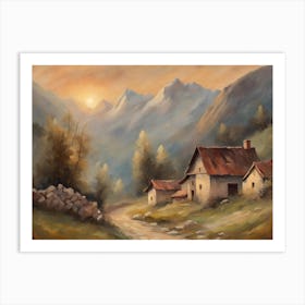 Vintage oil painting style soft colours peaceful sunrise mountain house landscape format Art Print