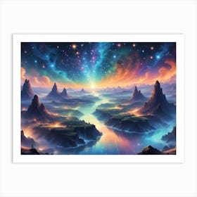 A Surreal, Fantastical Landscape Painting Depicting A Vibrant, Starry Sky Above A Valley With A River Winding Through It Art Print