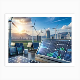 Solar Panels And Wind Turbines With A Monitor Displaying Data Art Print