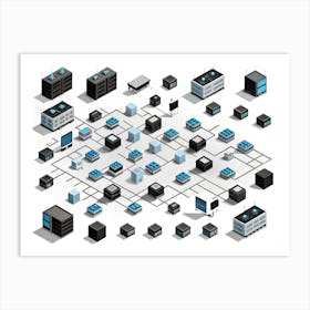 An Isometric Illustration Of A Network Of Buildings, Connected By Lines, Representing A Complex And Interconnected System Art Print