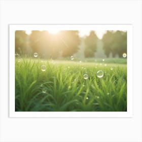 A Field Of Green Grass With Soap Bubbles Floating In The Air Art Print