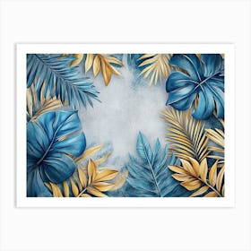 Blue Vintage Tropical Leaves In Seamless Border Design 1 Art Print