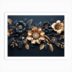 3d Artwork Illustration Background with Golden Jewelry and Flowers in Black 2 Art Print