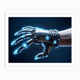 A Robotic Hand With A Metallic Finish And Glowing Blue Lights Extends A Hand Towards The Viewer 1 Art Print