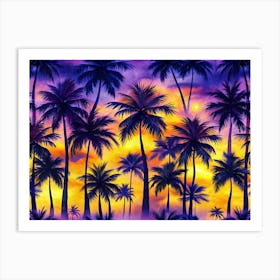 Seamless Pattern With Silhouettes Of Palm Trees Against A Sunset Sky Art Print