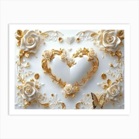 3d Art With White Background And Gold Roses, Butterflies, Heart Shape Art Print