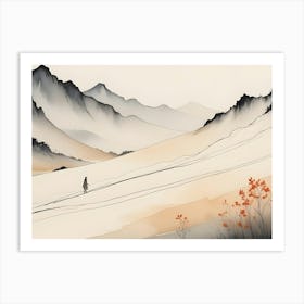 A Watercolor Painting Of A Person Walking Along A Path In A Mountainous Landscape Art Print