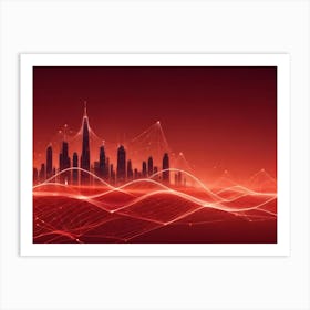 An Abstract Image Of A Cityscape Silhouette With A Red, Glowing Network Of Lines And Nodes Art Print