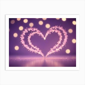 Abstract Image Of A Glowing Pink Heart Shape Made Up Of Small Lights, With A Blurred Background Of Golden Bokeh Art Print