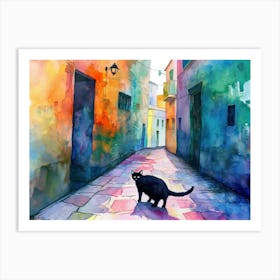 Black Cat In Taranto, Italy, Street Art Watercolour Painting 1 Art Print