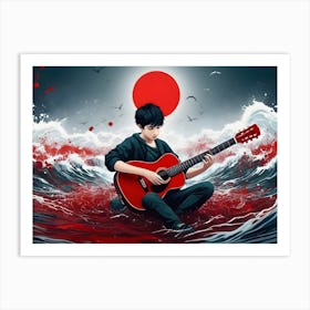 Boy Playing Guitar In The Ocean Art Print