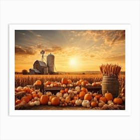 A Vintage Style Autumn Harvest Composition Showcasing Piles Of Pumpkins And Corn Cobs Scattered In (3) Art Print