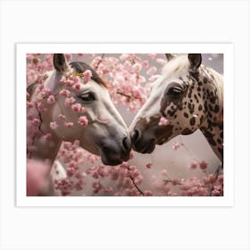 Two Horses Kissing Under Cherry Blossoms Art Print