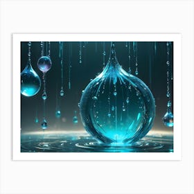 A Large, Blue Water Droplet Suspended Above A Reflective Surface With Smaller Droplets Falling, Creating A Sense Of Depth And Tranquility Art Print