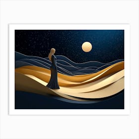 Woman Body Silhouette Standing On Golden Dunes 2 Art Print