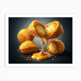 Closeup Of Golden Fried Cheese Balls With Dripping Sauce Art Print