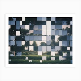 Abstract Image Of A Green Lawn With Trees And A Cloudy Sky Reflected In A Grid Of Mirrors Art Print