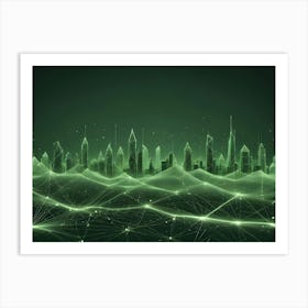 A Stylized, Futuristic Cityscape Rendered In A Green Hue With A Web Like Network Connecting The Buildings Art Print