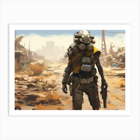 Cybernetic wanderer, adorned with futuristic armor and armed with a sleek, high-tech energy rifle Art Print