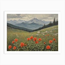 Vintage Oil Painting of indian Paintbrushes in a Meadow, Mountains in the Background 10 Art Print