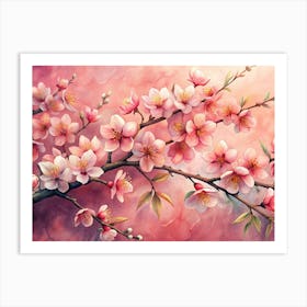 Watercolor Illustration Of A Branch Of Pink Cherry Blossoms Art Print