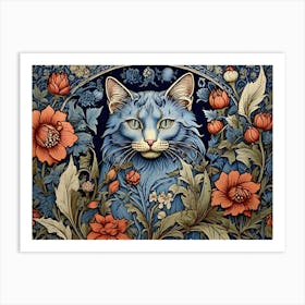 Blue Cat in william morris style Art Print