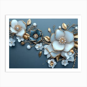 3d White and Blue Background with Golden Jewelry and Flowers 4 Art Print